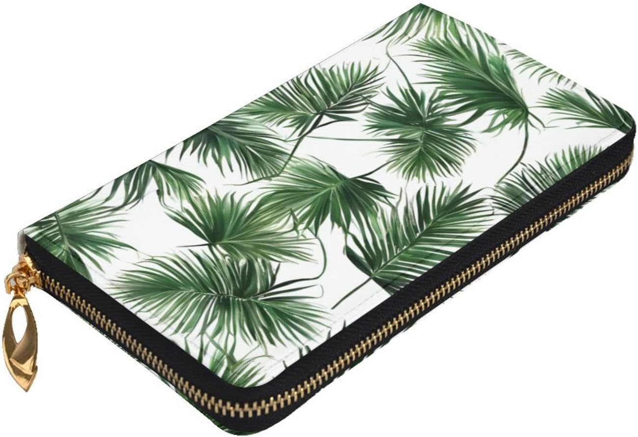 Stylish Palm Tree Green Leaves Long Leather Wallet Purse With Zipper â€“ Coin Purse Clutch Bag, Credit Card Phone Wallet For Women And Men, Casual Travel Large Capacity