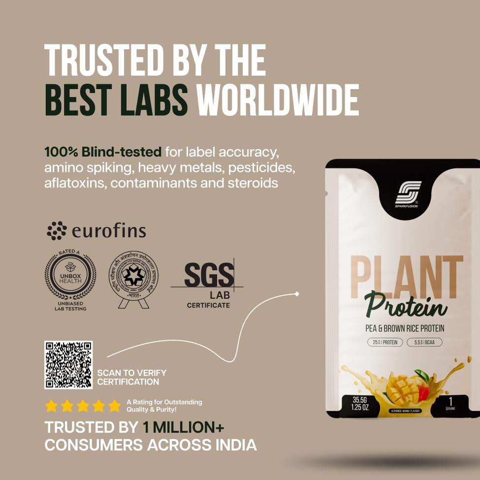 Image of Sparkfusion Plant Protein Powder Isolated Pea & Brown Rice Protein | 25g Protein per Sachet | 5.5g BCAA | Vegan, Gluten Free & Sugar Free | Alphonso Mango Flavour | Pack of 10 Sachets