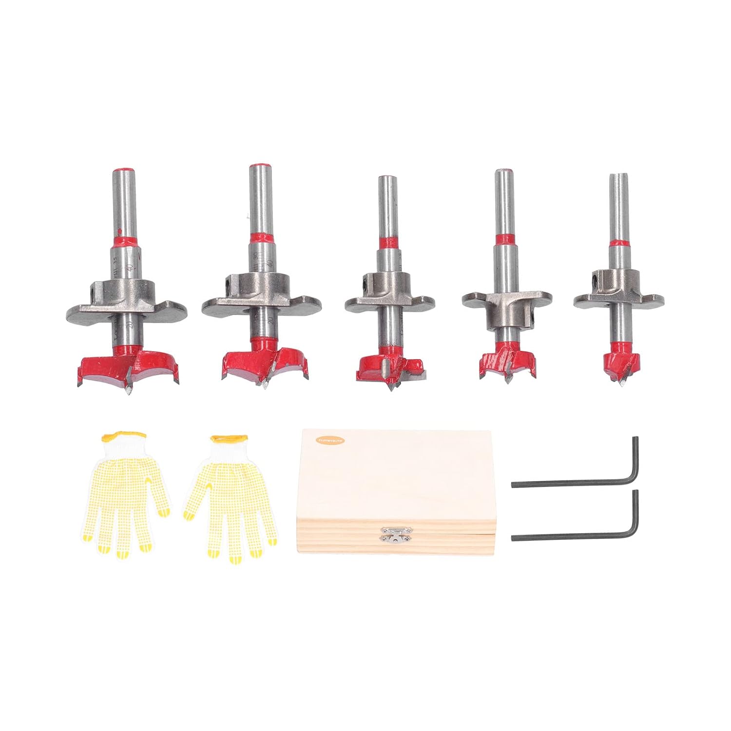 5Pcs Forstner Drill Bit Set, Accurate Metal Hole Drilling Kit for Furniture Woodworking, Includes 15 35mm Bits, Hex Wrench, Storage Box, Gloves