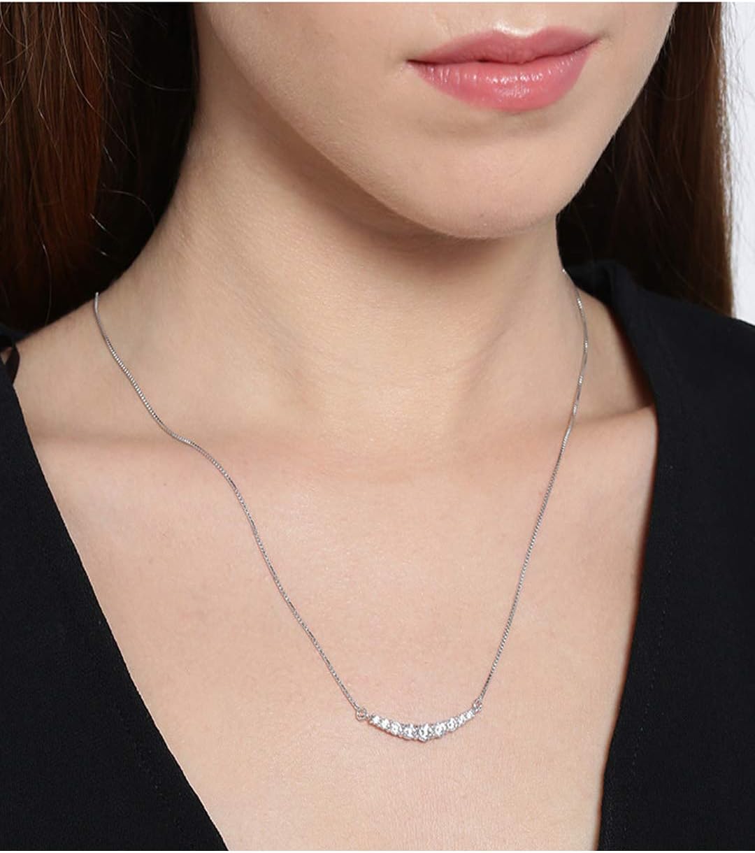 Vanbelle Sterling Silver Jewelry - Rhodium Plated with 925 Stamp - Curved Bar Pendant Necklace - Cubic Zirconia stones - Handcrafted Necklace for Women - Chain 16" long + 2" extender - Image 6