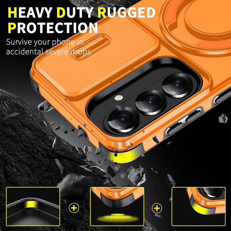 Image of LuxuryKase Shockproof Rugged Case for Samsung Galaxy S26 Plus | Slide Camera Cover | 360 Rotating Ring Kickstand | Military-Grade Protection - Sunset Orange
