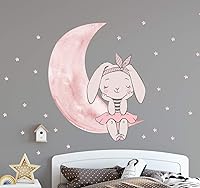 Vista 3 de Murwall Pink Rabbit Wall Decal Moon Wall Sticker Little Stars Peel n Stick Cute Bunny Stickers for Girls Bedroom Babyroom Nursery Room Decor