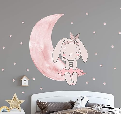 Miniatura 3 de Murwall Pink Rabbit Wall Decal Moon Wall Sticker Little Stars Peel n Stick Cute Bunny Stickers for Girls Bedroom Babyroom Nursery Room Decor