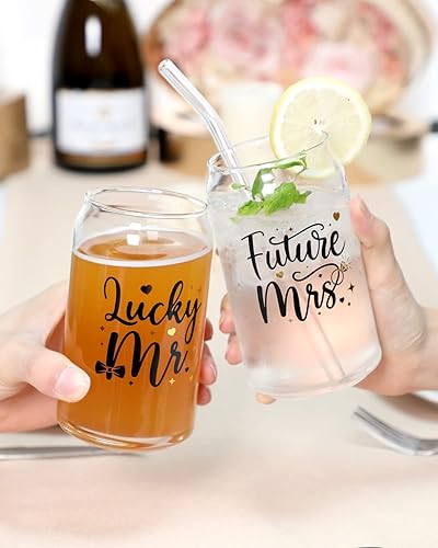 Miniatura 6 de Nefelibata Future Mrs. Lucky Mr. - Juego de 2 vasos de cerveza para regalo de compromiso, boda, novia, novio, para cóctel, jugo, vaso grande de 16