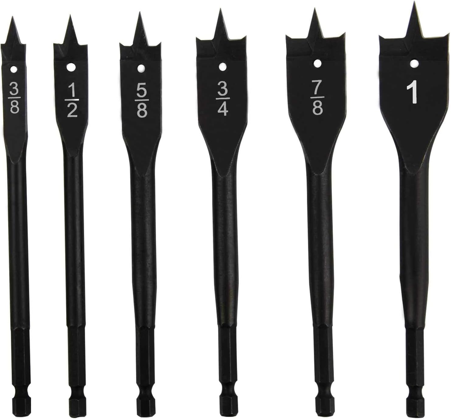 6 Bit Carbon Steel/Titanium Coating Spade Drill Bit Assortment, 3/8-Inch to 1-Inch Paddle Flat Bits for Woodworking, Storage Pouch Included