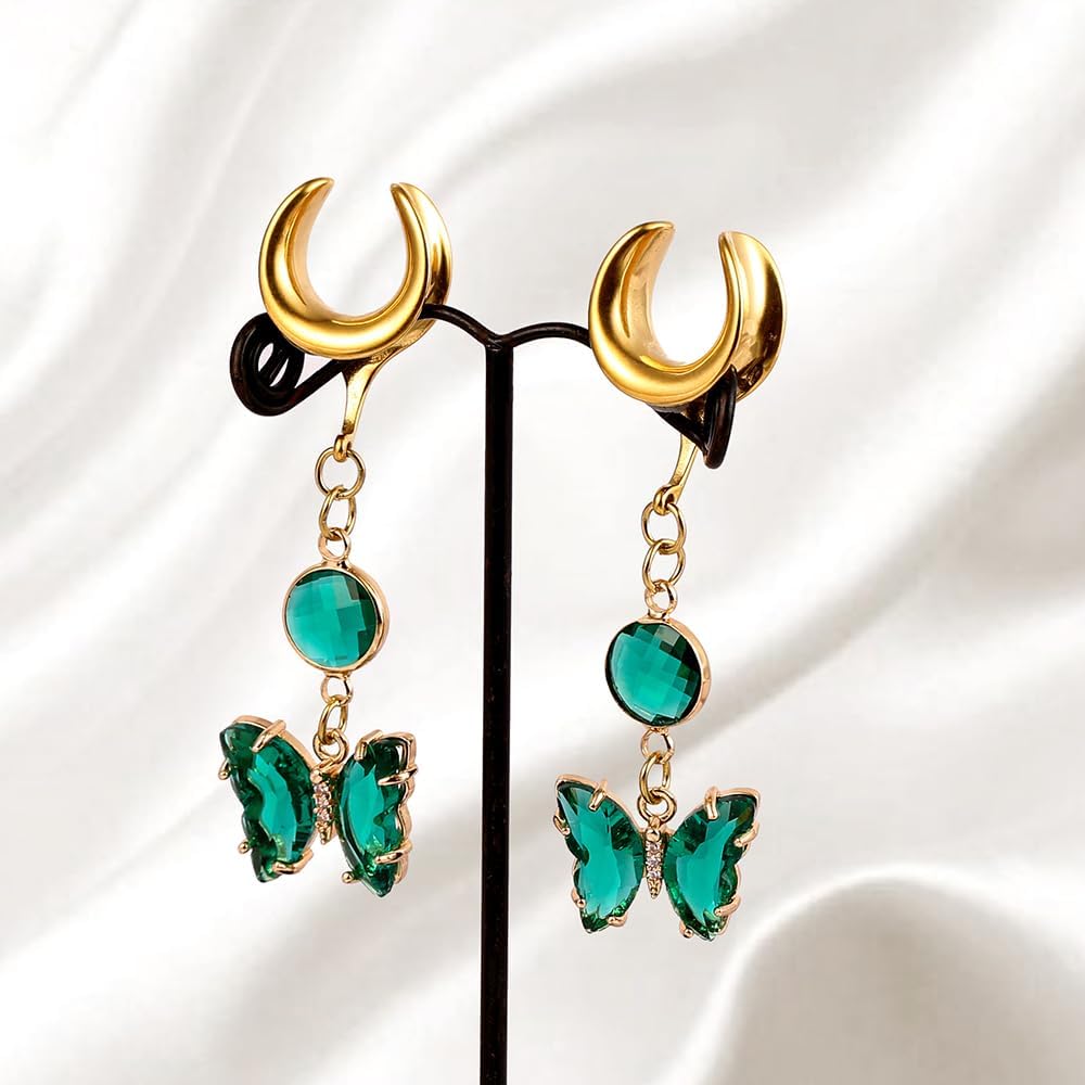 2Pcs Elegant Dangle Gauges for Women, Saddle Shape Plugs Tunnels with Green Crystal Butterfly, 6mm to 25mm Surgical Stainless Steel 316L Ear Gauges Body Jewelry