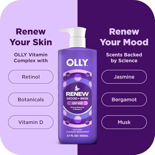 Image of OLLY Renew Body Wash with Vitamin D, Retinol & Botanicals - Nourishing Cleanser for Skin Barrier Repair, Deep Hydration, Jasmine Bergamot Scent, 17oz