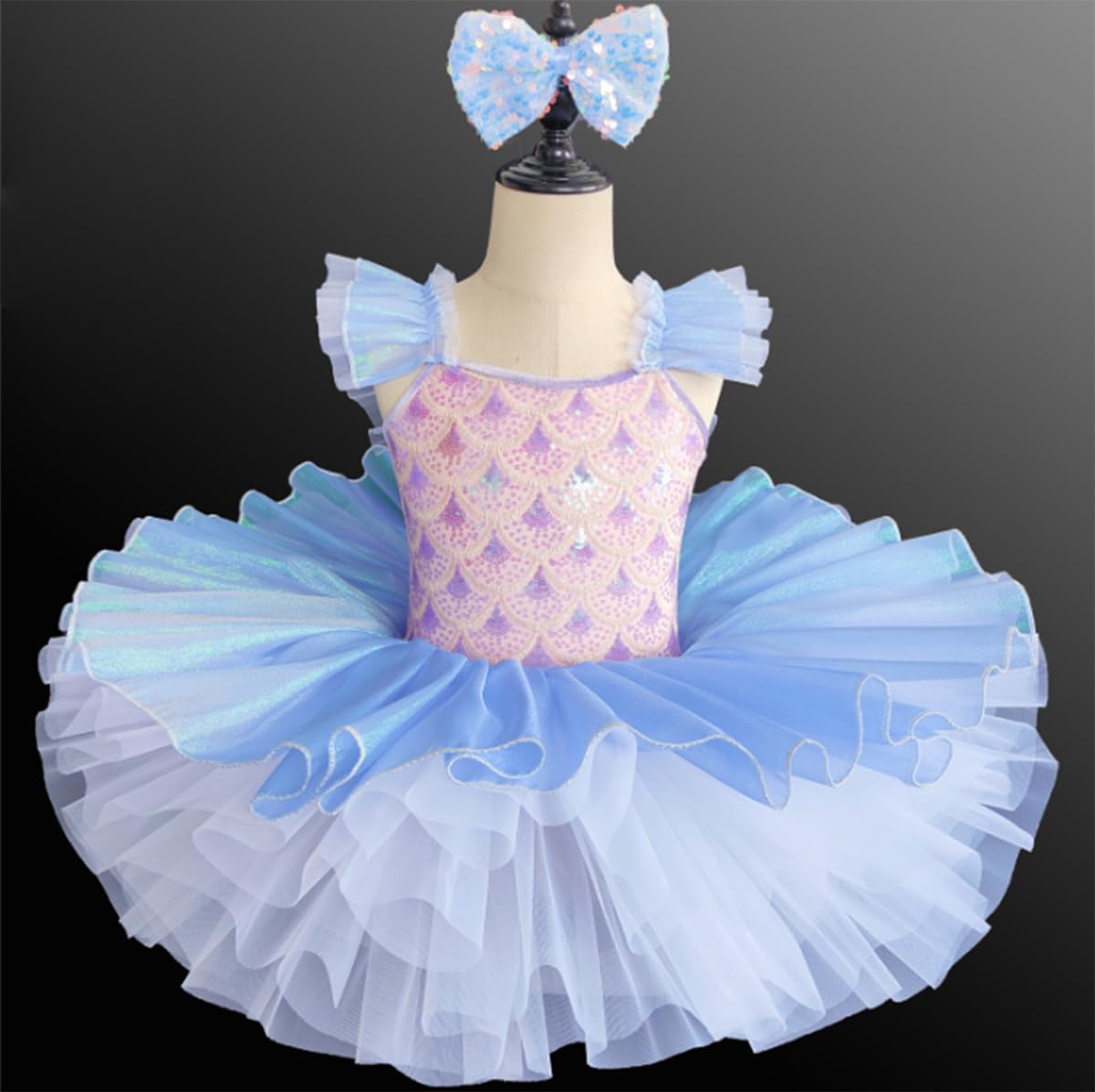 Ballerina-Kostüm für Mädchen, Tüll-Tutu, Ballett-Wettbewerbskleid | Tutu Kinderkostüm Kleiner Schwan mit Rüschenärmeln Spitze Stickerei und Pailletten