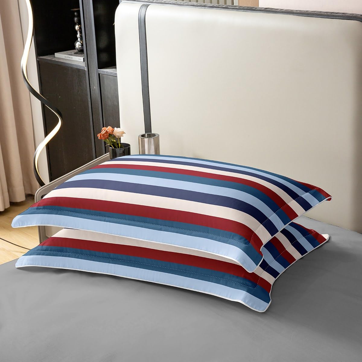 Homewish - Set copripiumino in cotone 100% lavato, motivo a righe bianche e turchesi, colore: blu navy e verde, per letto matrimoniale, con motivo patchwork pastello, biancheria da letto per camera da