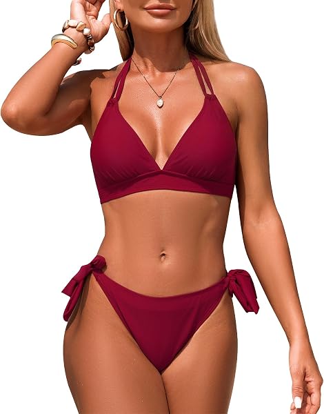 Genfien Costume da Bagno Donna Due Pezzi Bikini Set Halter Collo A V Push Up Imbottito Reggiseno Costumi da Mare A Vita Bassa Abiti da Spiaggia Beachwear - 1