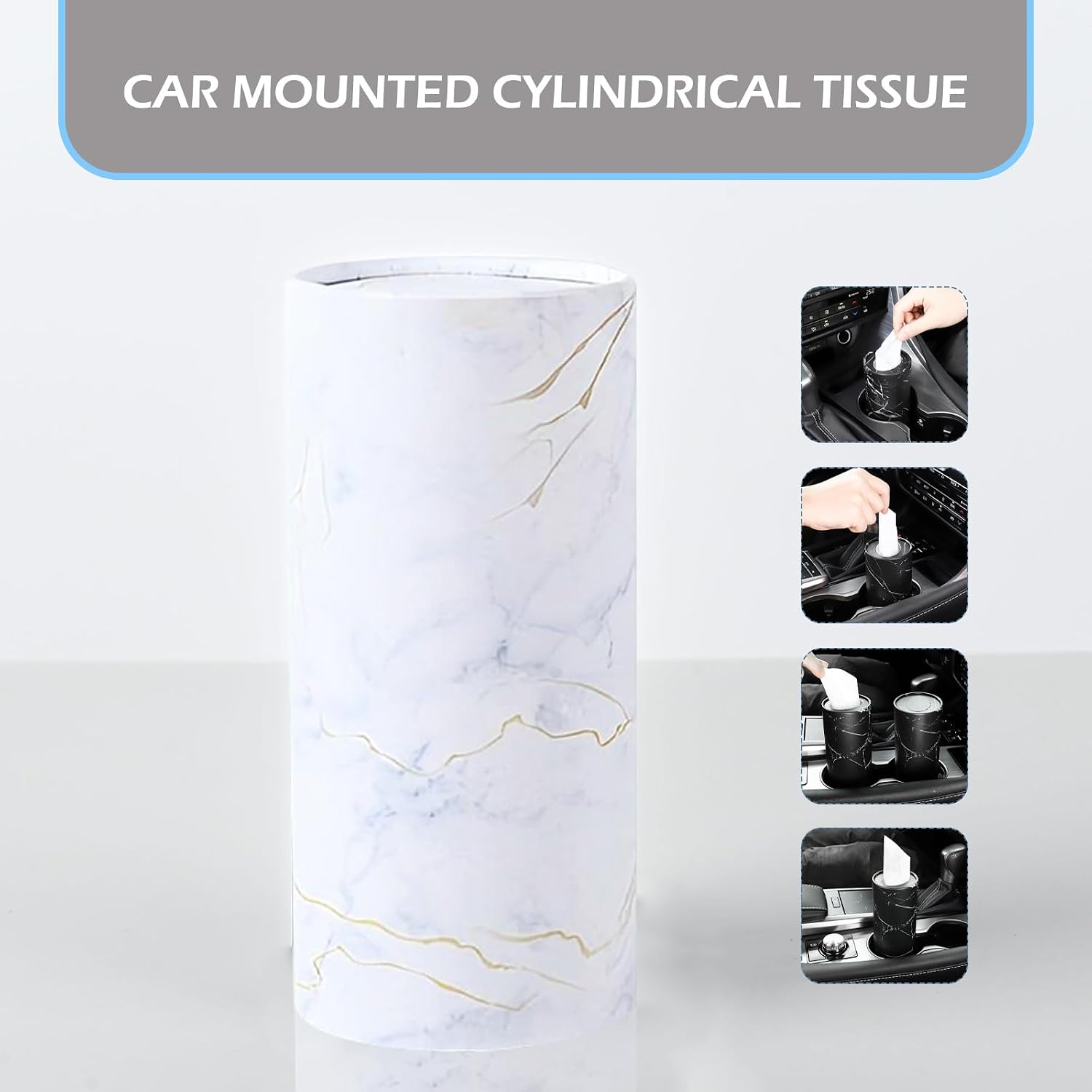 Car Tissue Holder, Car Cup Holder Facial Tissues, Car Travel Cup Holder with 4 Pack Facial Tissues, Tissues Cylinder Box Container (White) image 5