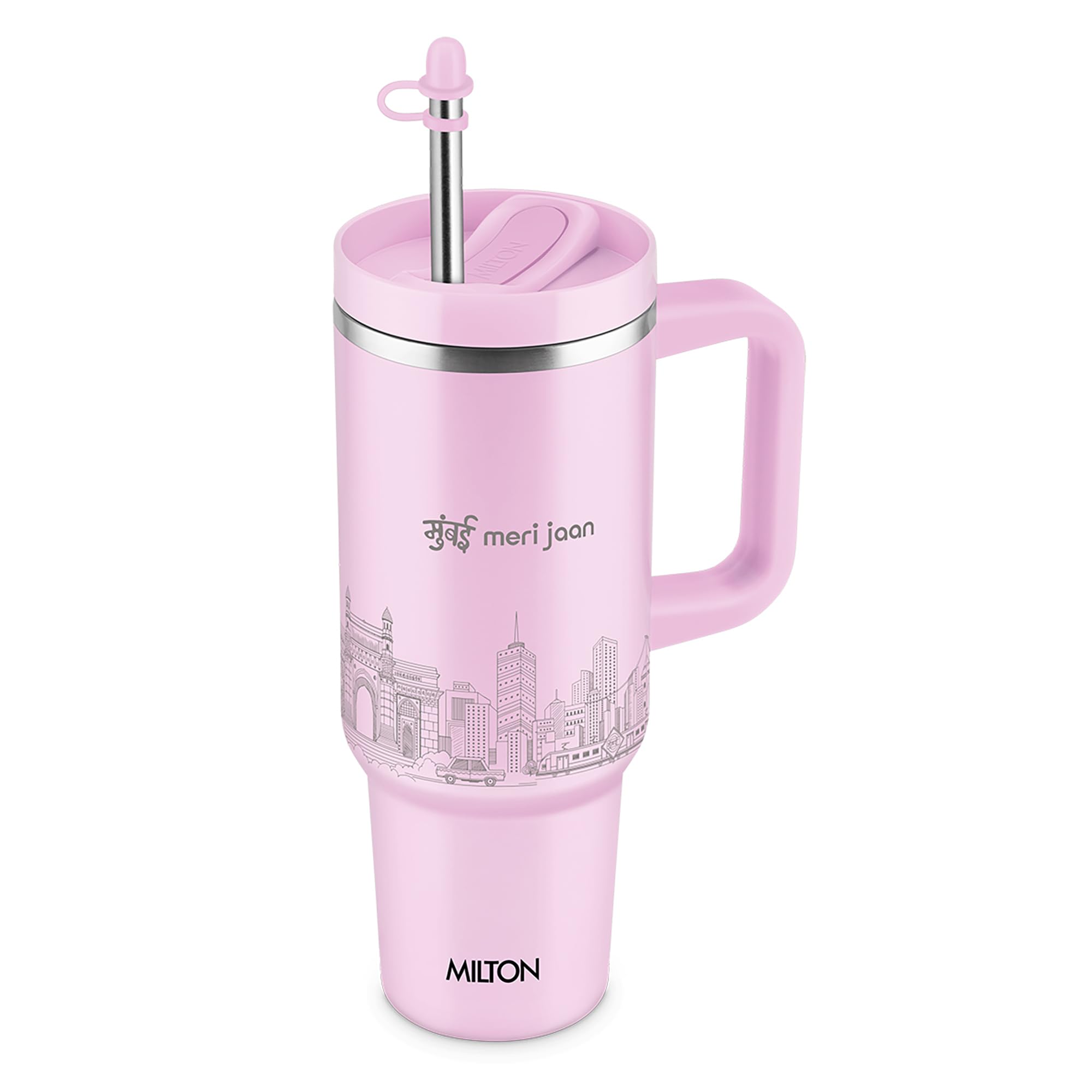 MILTON Malmo 1200 Thermosteel Double Wall Vacuum Insulated Stainless Steel Tumbler with Handle 1100ml, Travel Mug with Straw,Silicon Cap,Cleaning Brush,Hot & Cold Beverage Flask,Mumbai Pink