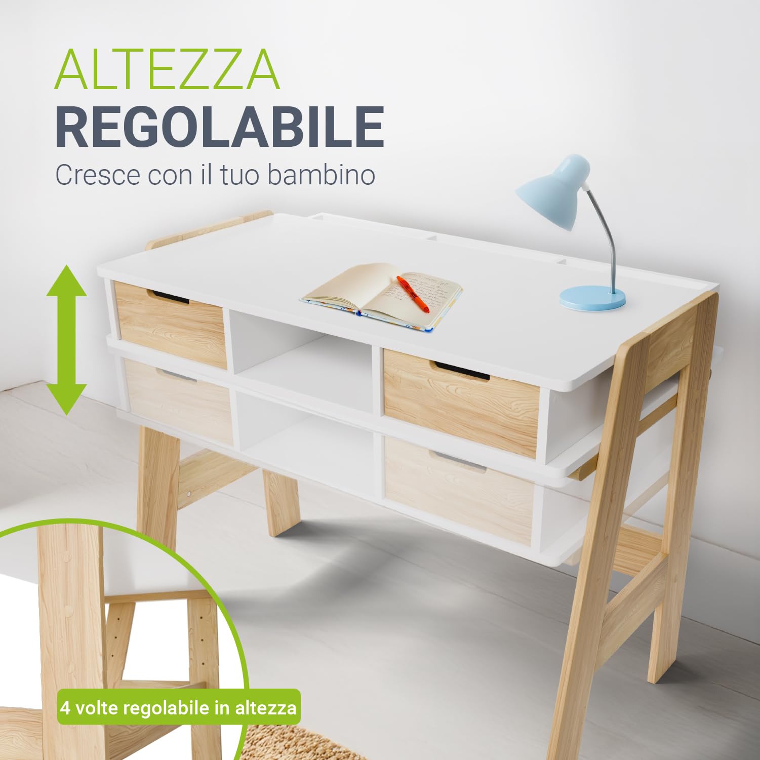 Juskys Scrivania per Bambini Fietje - Scrivania Regolabile in Altezza con 2 Cassetti - Materiale Robusto e Antigraffio - Ampio Spazio di Archiviazione