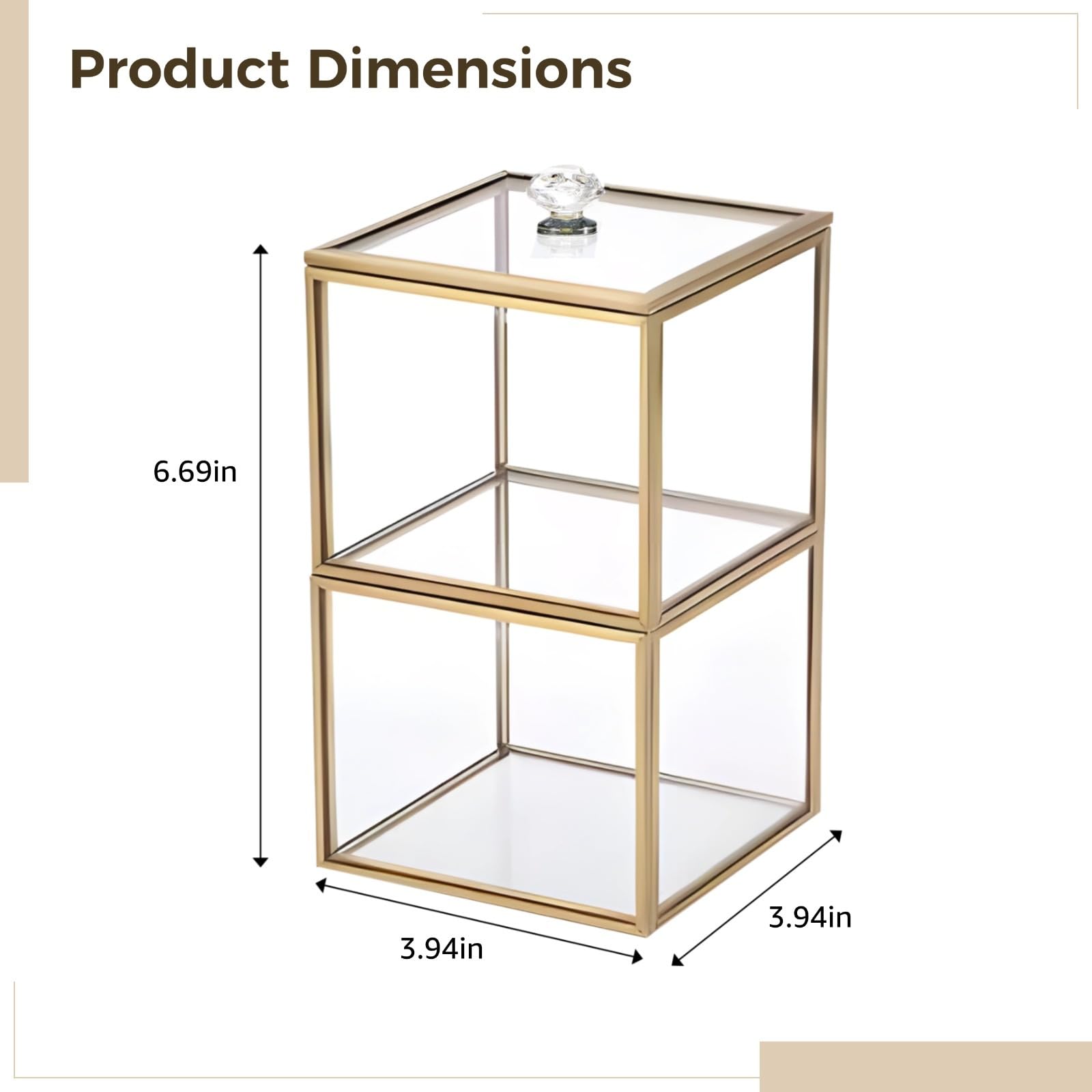 Soporte para brochas de maquillaje con bordes de metal dorado, organizador de cristal transparente para bolas de algodón y Qtips, impermeable y resistente al polvo, 10 x 10 x 16 cm