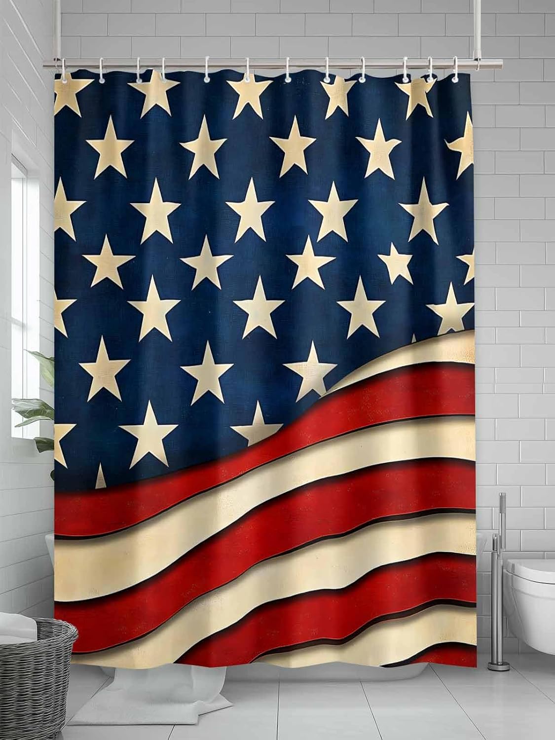 4th of July Shower Curtain American Flag Bathroom Curtains with Hooks, Waterproof Fabric Rustic USA Patriotic Star Stripes Independence Day Shower Curtains Set for Bathroom Bathtubs Memorial Day 72x72