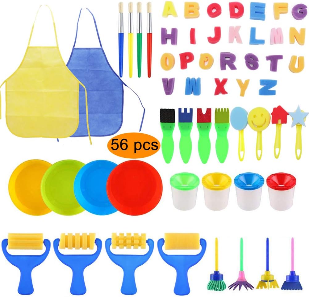 56 PCS Sponge Paint Brushes Kit Painting Brushes Tool Kit for Kids Early DIY Learning Drawing Doodle Include Foam Brushes, Paint Bowls, Paint Pots, Pattern Brushes Set, Waterproof Apron (56 Pcs)