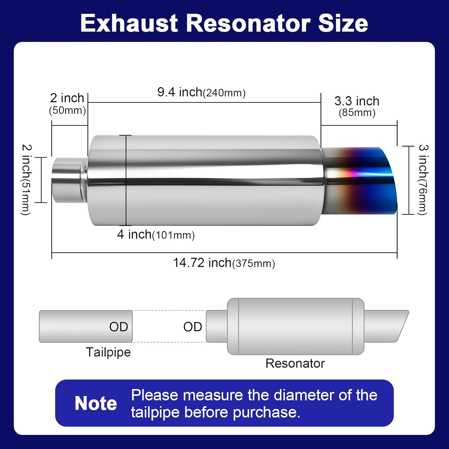 2 Pack Stainless Steel Muffler Exhaust 2" Inlet 3" Outlet, 14.7" Overall Length Blue Burnt Finish Muffler Resonator