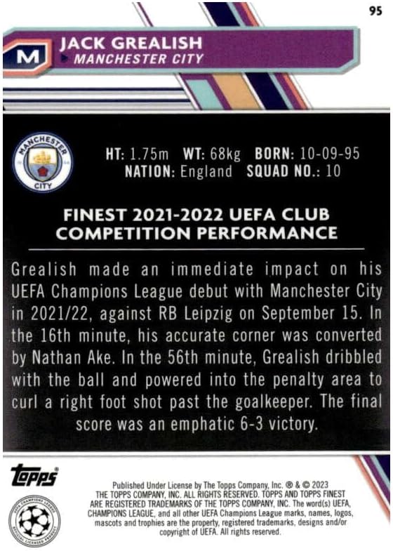 2022-23 TOPPS FINEST UEFA #95 JACK GREALISH MANCHESTER CITY SOCCER OFFICIAL TRADING CARD OF SOCCER