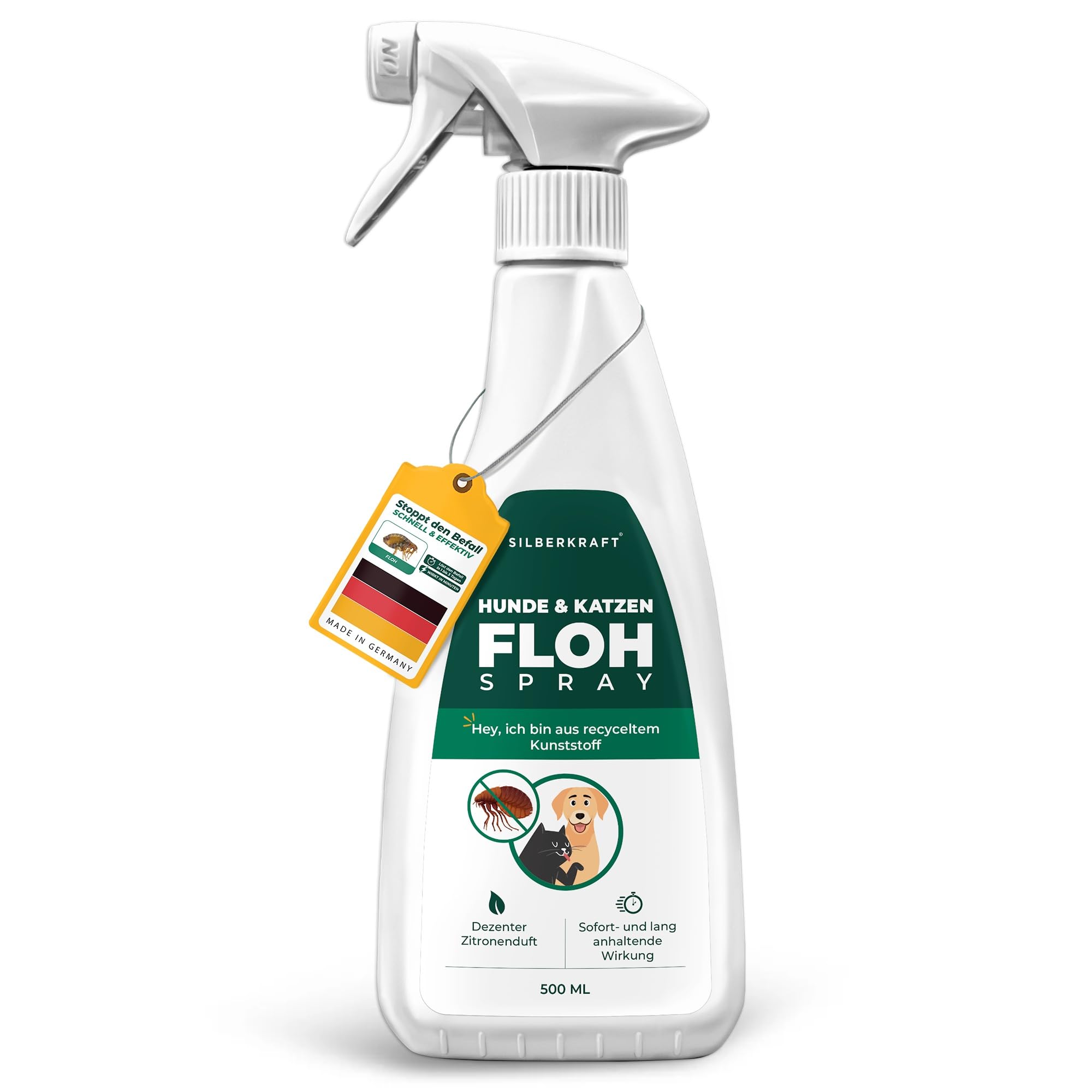 Silberkraft Flohmittel, Floh-Spray 500 ml - Flohspray für Hund, Katze und andere Haustiere - Umgebungsspray - ideales Anti-Floh-Mittel gegen Flöhe, Zecken, Parasiten, Ungeziefer