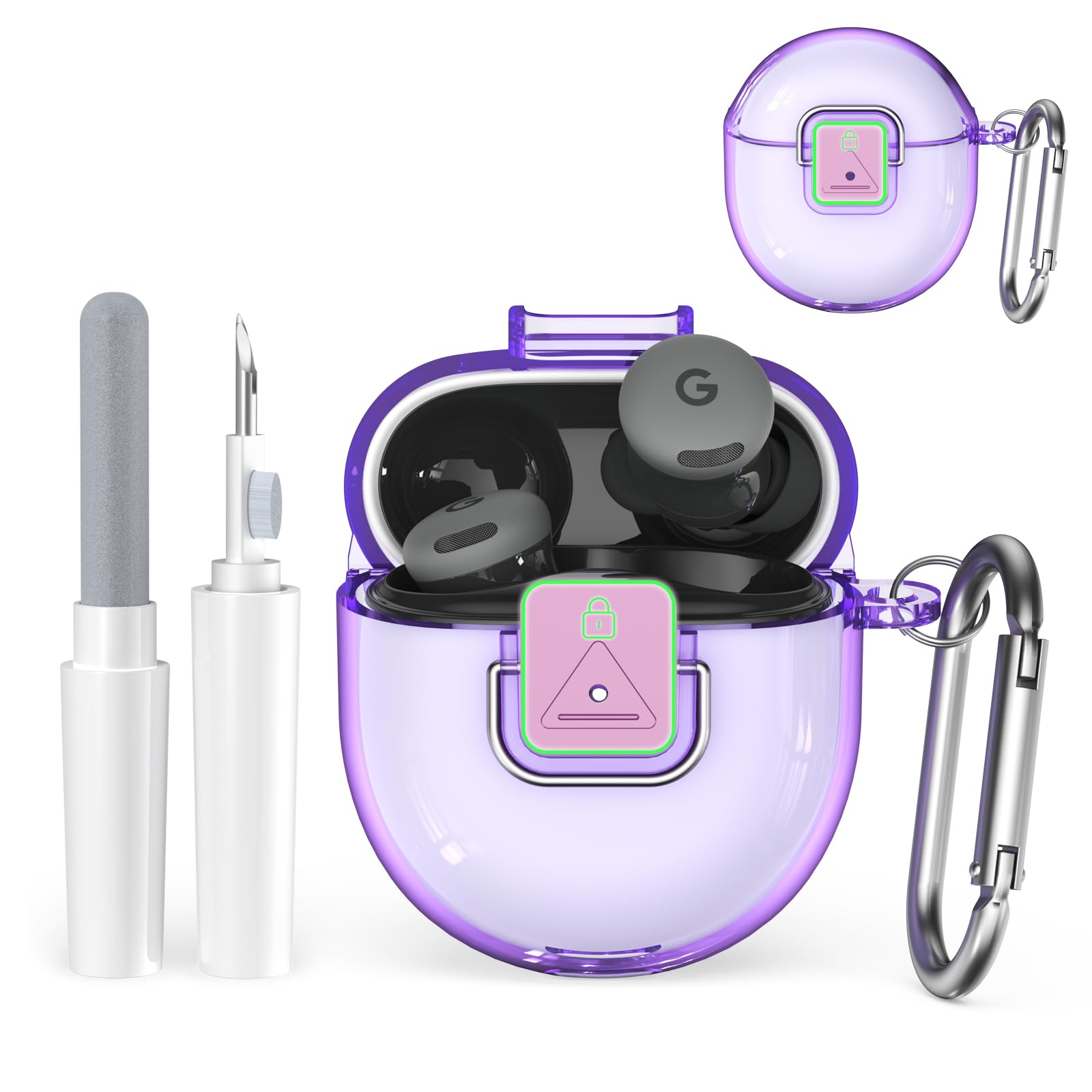 Photo 1 of [Safety Lock] Compatible with Google Pixel Buds 2A Case, TPU Anti-Yellowing Shockproof Protective Cover for Google Pixel Buds 2A 2025, Includes Cleaning Kit & Carabiner (Transparent Light Purple)
