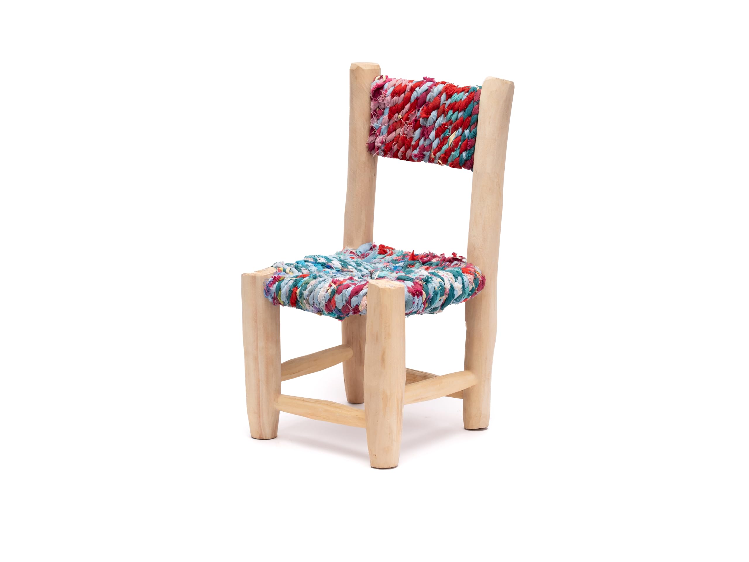 Silla Infantil de Madera Natural, Asiento Tejido Multicolor, Aprox. 44x22x22 cm, Artesanal