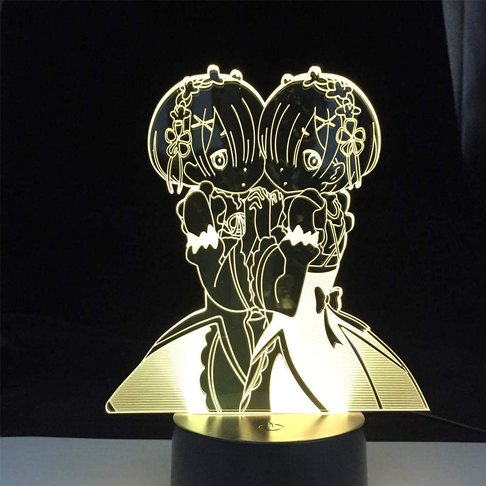 Luce Notturna 3D A Led Con Effetto Ottico Rem & Ram (Re:Zero) - 7 Colori, Controllo Touch/Telecomando, Alimentazione USB/Batterie