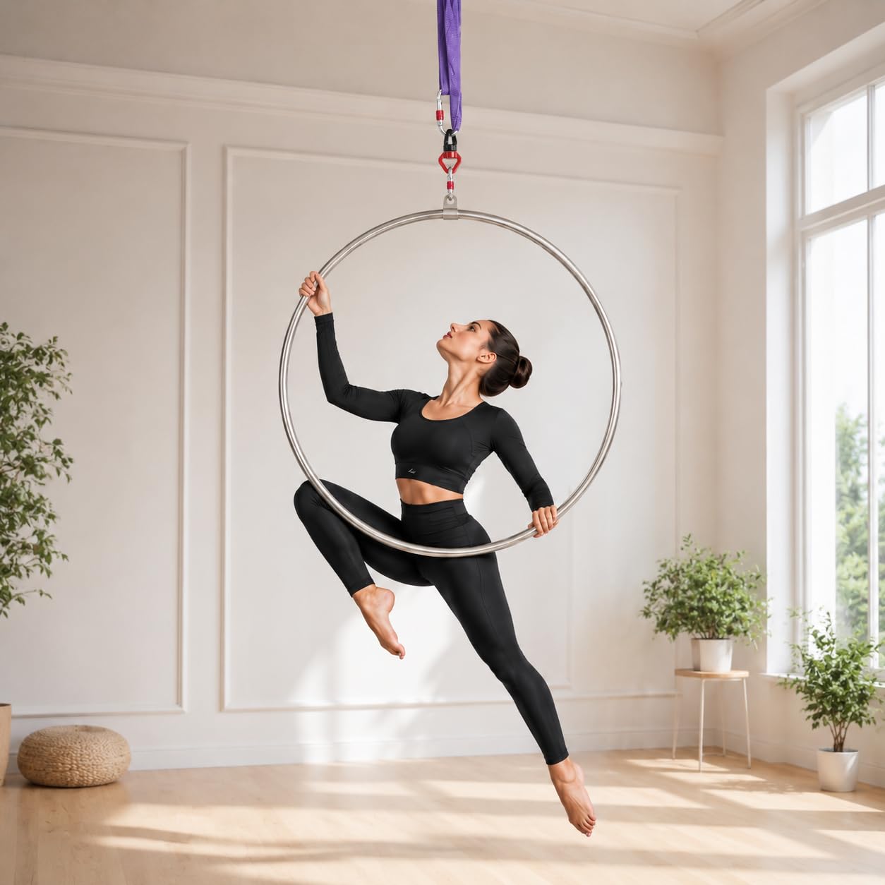Lyra Hoop Ensemble d'anneaux aériens en acier inoxydable 95 cm Cerceaux à point unique Circus pour débutants et professionnels Kit d'anneaux aériens Équipement de yoga aérien 300 kg