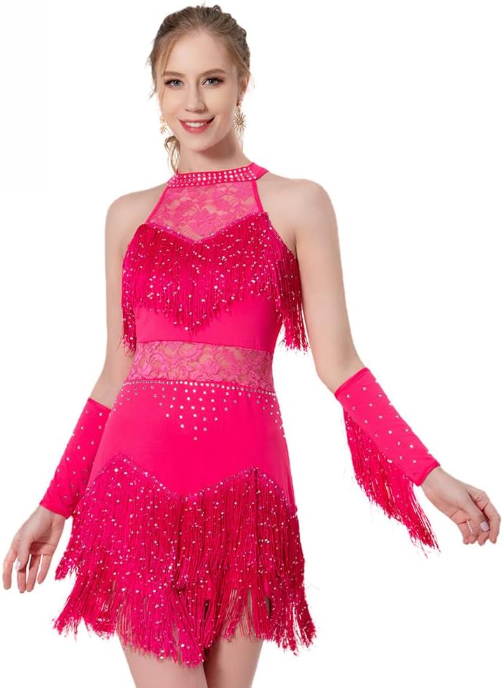 Women's Dance Dress Rhinestone Sequin Fringe Flapper Party Dress Latin Salsa Ballroom Dancing Performance Tassel Dress