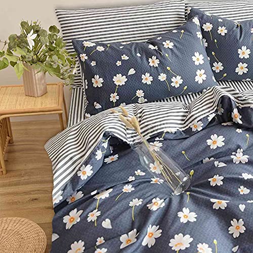 Nanko Queen Duvet Cover Set 3Pc 90x90 inch Daisy Floral/Flower Lightweight Microfiber Down Comforter Quilt Bedding Cover with Zipper Ties for Women,Navy Blue Striped Farmhouse Style