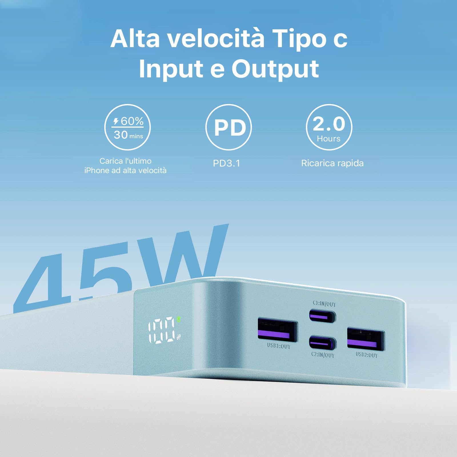 JUOVI Power Bank Portatile J2621, Batteria da 20000 mAh, Ricarica Rapida da 45 W, Compatibile con Switch, MacBook, Tablet, Dell, HP, Notebook, Samsung, iPhone 16 15 14 13, Steam Deck