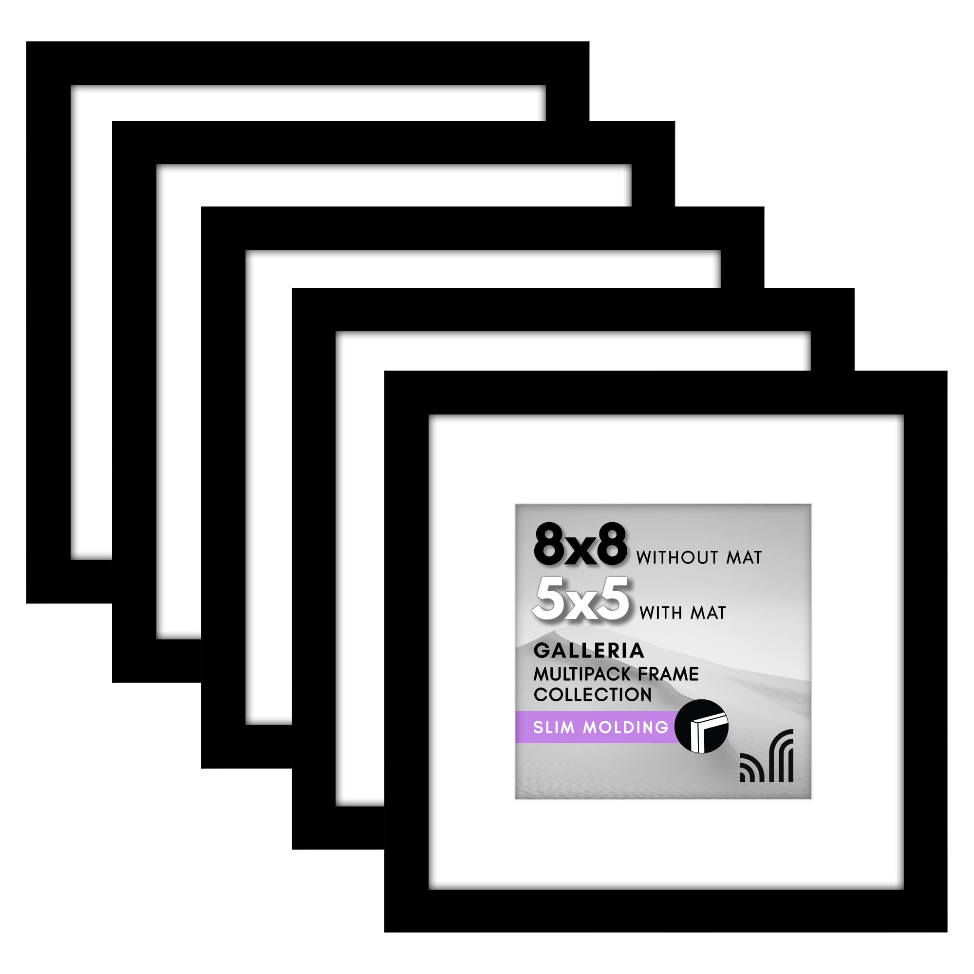 Americanflat 8x8 Picture Frame Set of 5 in Black - Use as 5x5 Picture Frame with Mat or 8x8 Frame Without Mat - Picture Frames Collage Wall Decor with Plexiglass and Easel for Wall or Tabletop