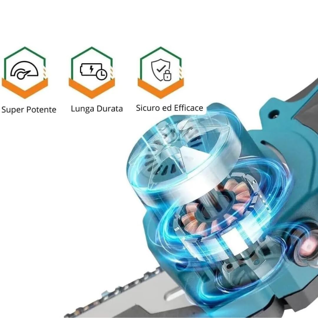 Mini Motosega a Batteria con Oliatore Automatico, 2 Batterie 48V, Barre da 6'' e 8'' Pollici con Catene di Ricambio e Blocco di Sicurezza – Potenza e Versatilità per Lavori di Precisione