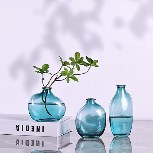 Miniatura 4 de Juego de 3 jarrones de cristal verde, moderno jarrón pequeño decorativo de flores frescas para el hogar, centro de mesa, boda, fiesta, oficina,