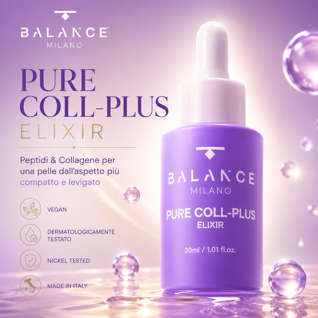Siero Collagene Viso, Acido Ialuronico ed Elastina - Made in Italy - 30ml | Siero Idratante Viso Lampone e Kiwi - Emulgel Liftante Rapido Assorbimento - Tutti i Tipi di Pelle - Skin Care BALANCE MILANO