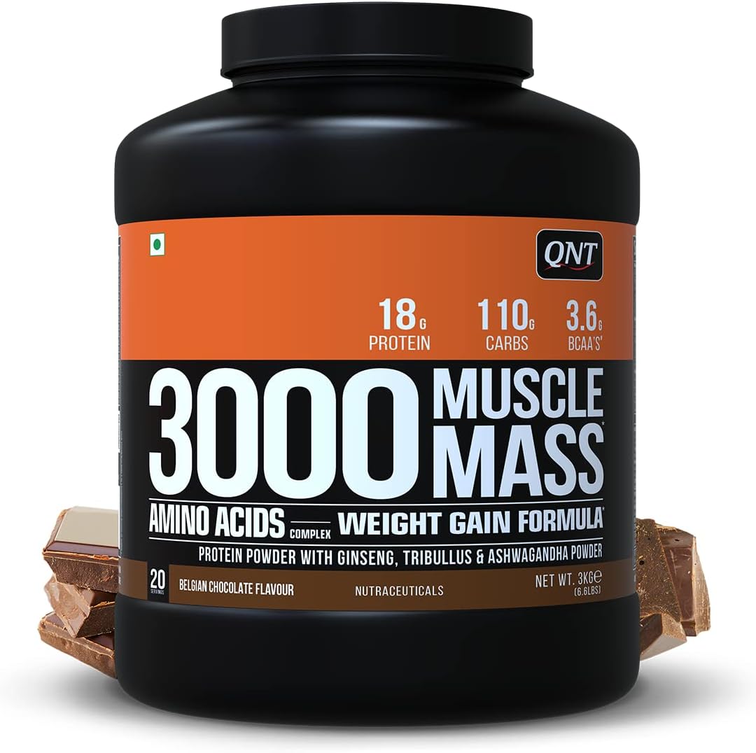 QNT Muscle Mass 3000 | Weight Gainer and Muscle Gainer Supplement | 3Kg | Belgian Chocolate Flavour | 20 Servings (18g Protein, 1.5g Dietary Fibre, 110g Carbs)