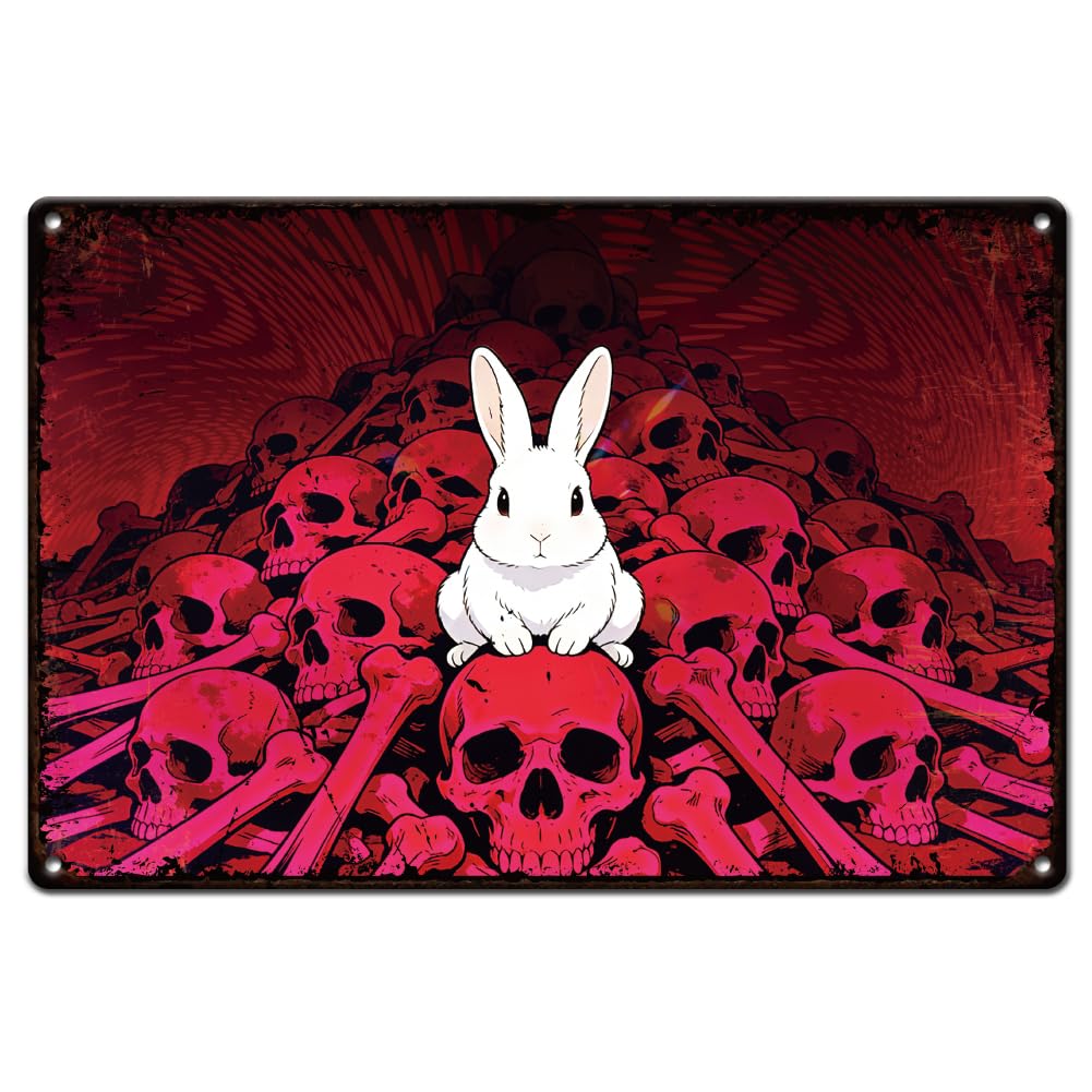 SUPERDANT 1Pcs Rabbit on Skulls Metal Sign Vintage Retro Tin Sign 11.81x7.87 Inch/30x20cm Gothic Wall Decor Metal Wall Art For Bedroom Bar Cafe Home Decoration Colorful