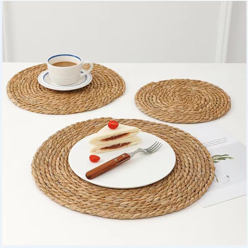 Handmade Heat Resistant Round Woven Placemats Set of 13 Wicker Boho No Chemical Natural Water Hyacinth Place Mats, Farmhouse Table Mats for Kitchen Dining Table,Home Decorations,Wedding