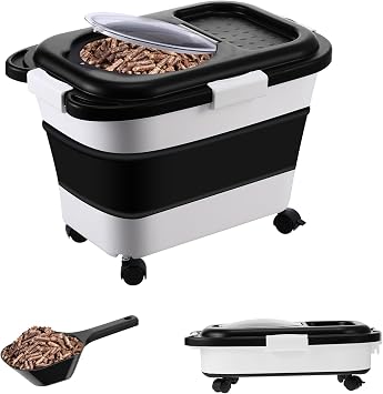 Wood Pellet Storage Containers - 9 Gallon Stay Dry Grill Charcoal Storage Bin with Handle and Locking Lid Foldable Semi-Silicone Outdoor Smoker Pellet Dispenser Bucket with Attachable Casters
