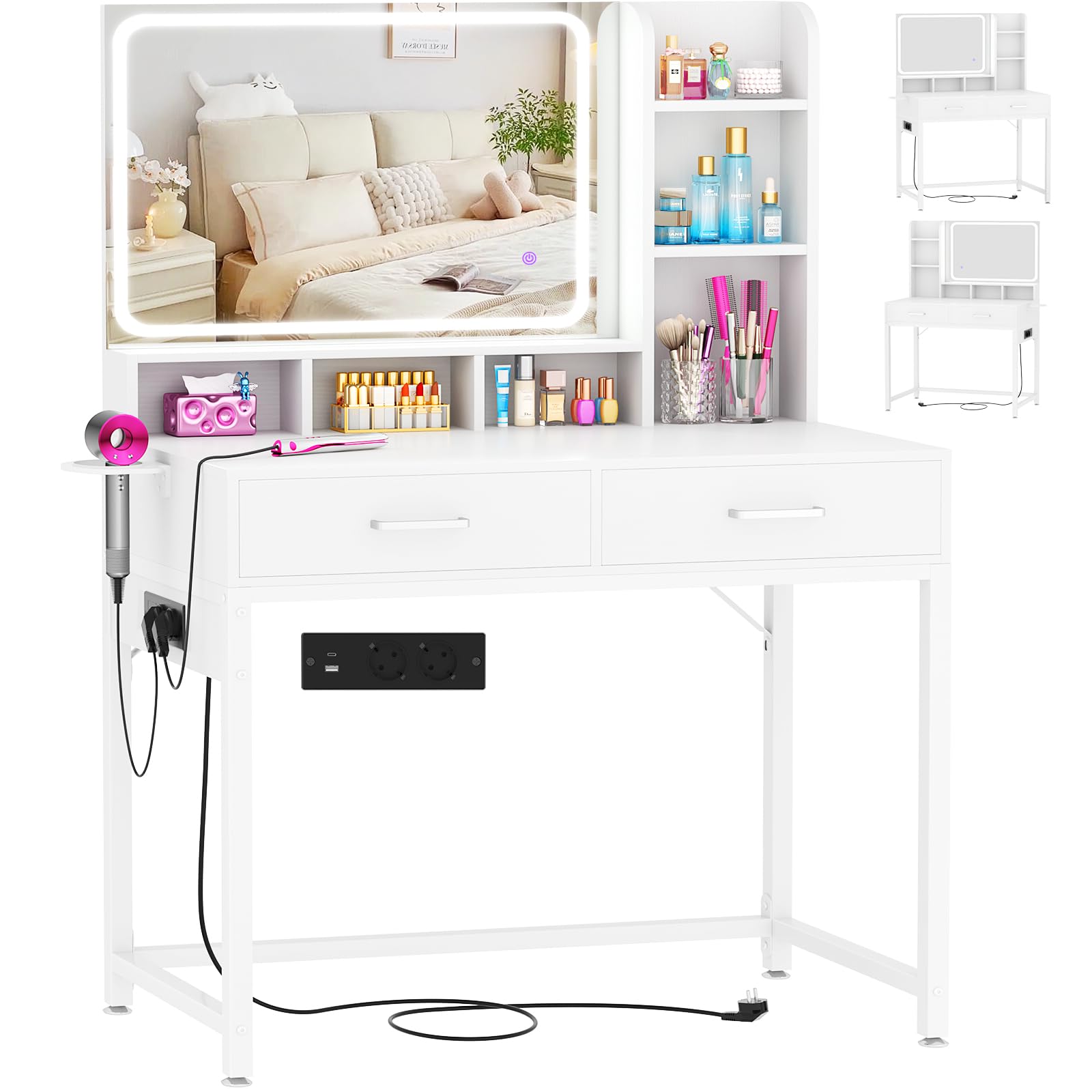 iSunirm Moderno Toeletta da Trucco con Specchio e Luce LED,Toeletta con 2 Cassetti e 1 Scaffali,Tavolo da Toeletta con Presa Elettrica,Adatto per Camera da Letto e Soggiorno,Bianco
