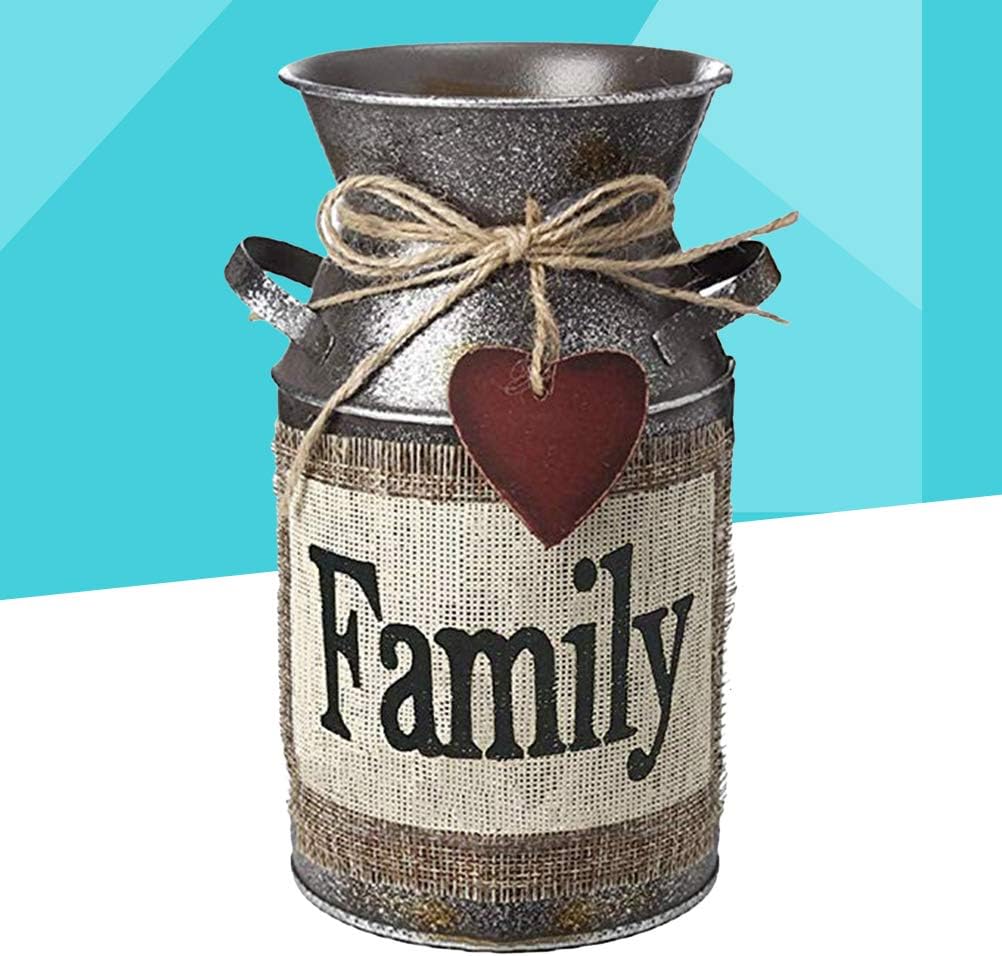 Rustic Decorative Vase with Greetings and Rope Design Metal Milk Can Country Jug for Living Room, Bedroom, Kitchen (Family)