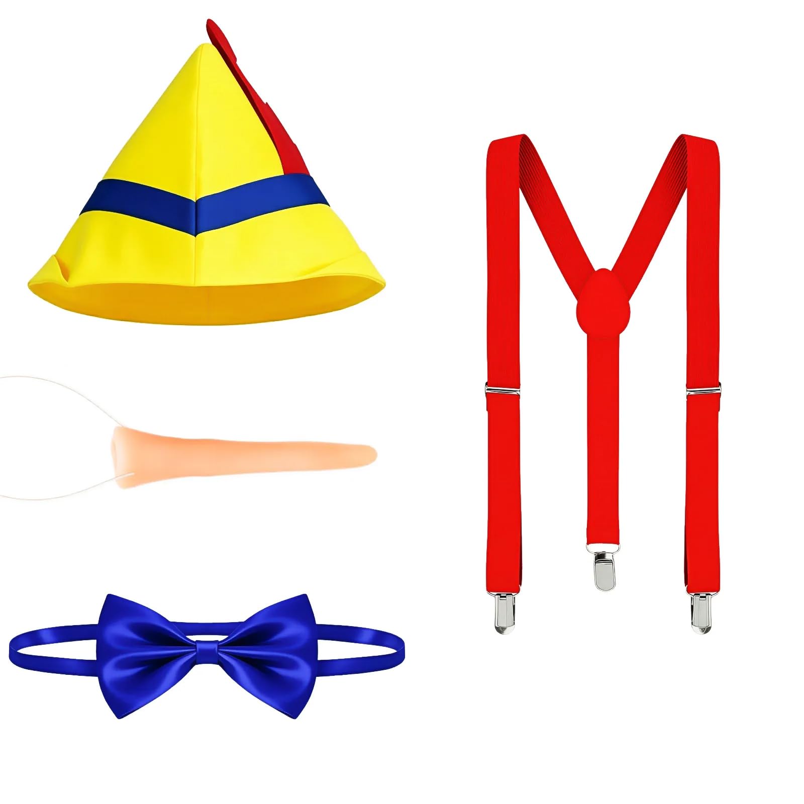 MFUOE 4 Pcs Pinocchio Fancy Dress Yellow Hat Long Nose Blue Bow Tie Red Suspenders Wooden Puppet Fairytale Character Costume for Party,Masquerade,Cosplay.