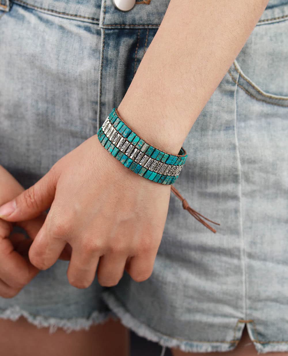 Bracciale Multistrato Bohémien Con Perline Turchesi E Nappa - Elastico, Gioiello Unisex - 3