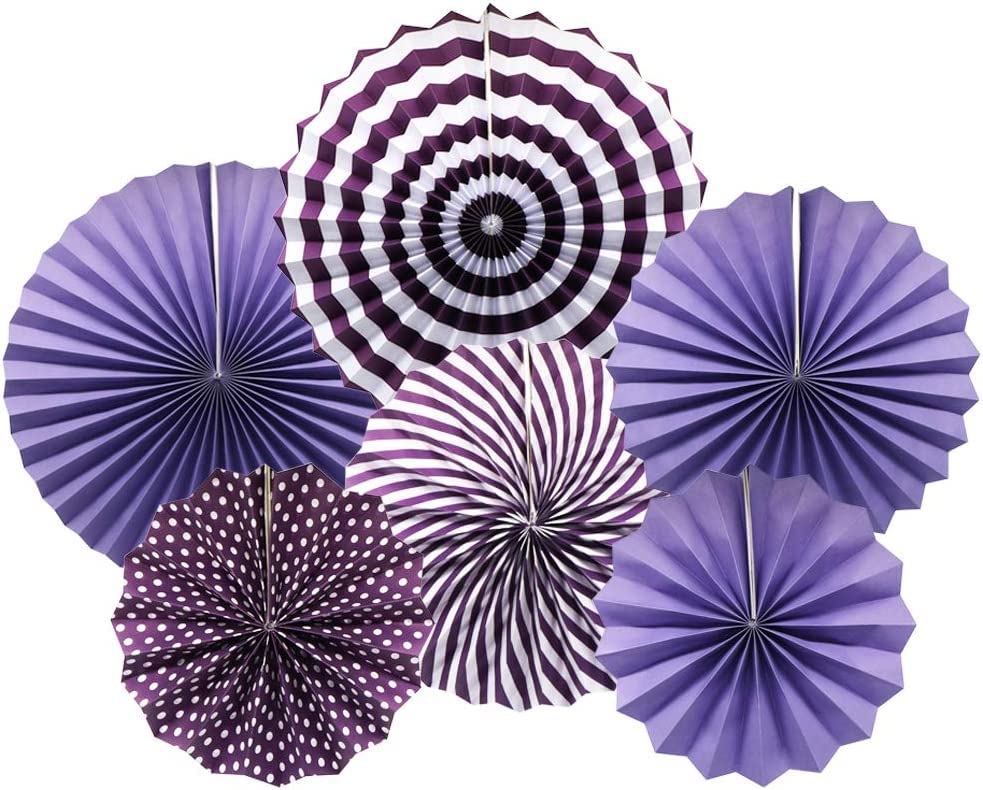 Image of 6 pcs Purple Hanging Paper Fans for Party Decoration Colorful Patterns Party Fans for Birthday Anniversary Bridal Shower Baby Shower Christmas Diwali & Wedding Decor (Pack of 6, Purple)