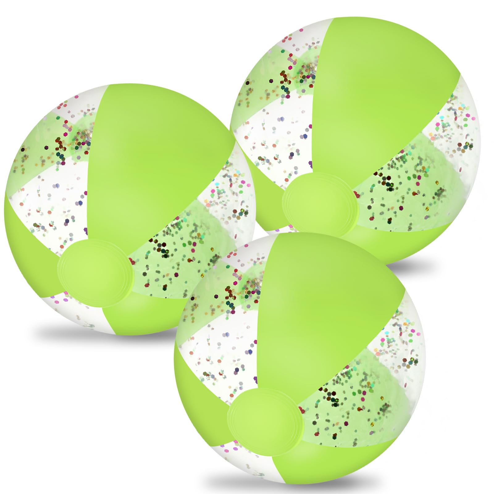 Whaline 3Pcs Glitter Inflatable Beach Ball 16 Inch Round Colorful Confetti Pool PVC Balls Cute Game Toys for Summer Hawaiian Tropical Theme Beach Party Decor (Green)