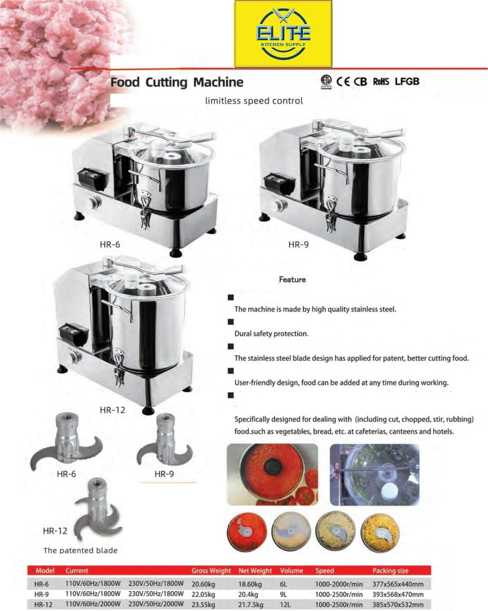 Commercial Food Processor, 9L/9.5Qt Capacity, 1800W, Stainless Steel Bowl with Variable Speed HR-9 ETL