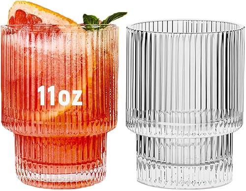 Juego de 4 vasos de cristal acanalados, 13 onzas, taza de vidrio para beber estilo origami transparente, café helado, cóctel, cerveza, vasos de jugo