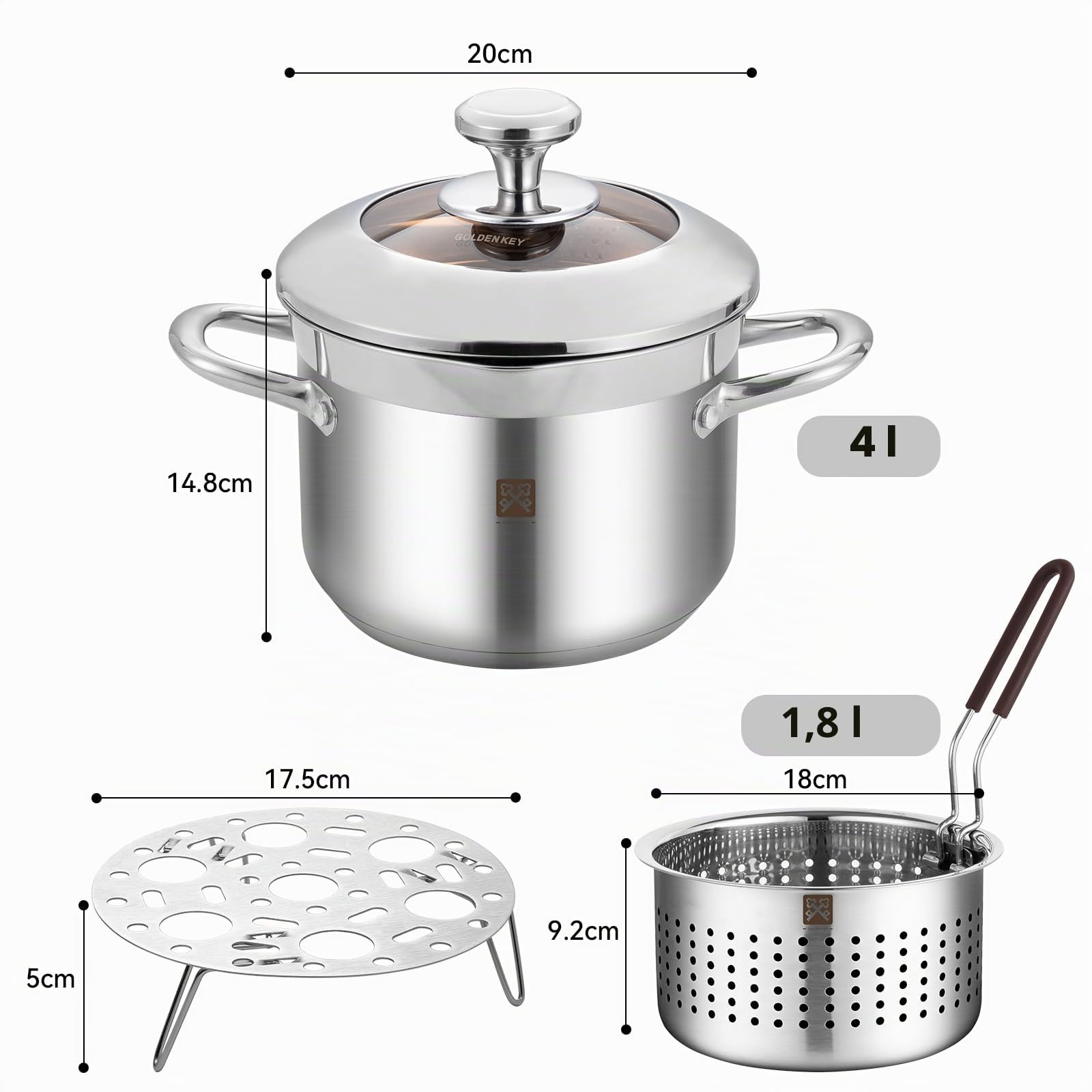 Friteuse en acier inoxydable 4L，Marmite à Friture en Acier Inoxydable avec Panier & Couvercle Verre pour Frites, Tempura, Gaz et Induction