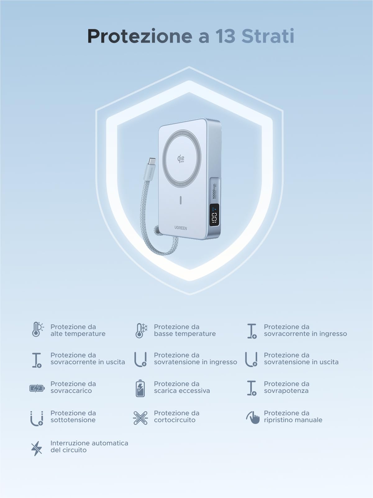 UGREEN Magflow Qi2 25W Power Bank 10000mAh a Induzione Magnetica Ricarica Rapida Batteria Esterna con Cavo USB C Integrato 30W Compatibile con Magsafe iPhone 17 Pro Max Air 16 15 14 13 12 (Blu)
