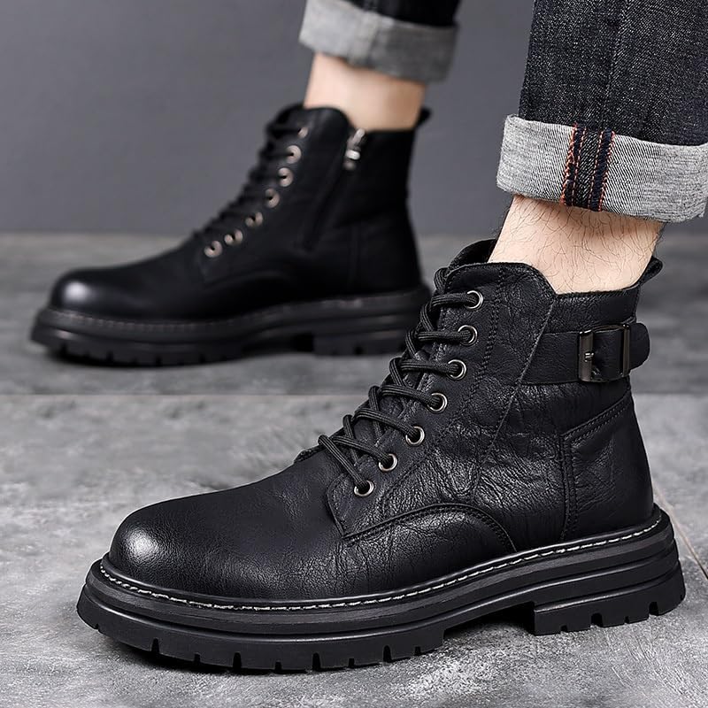 Men's High-Top Leather Boots with Round Toe Lace-Up Design Side Zipper Mesh Lining Trendy Casual Shoes Sturdy Work Shoes Stylish Outdoor Shoes
