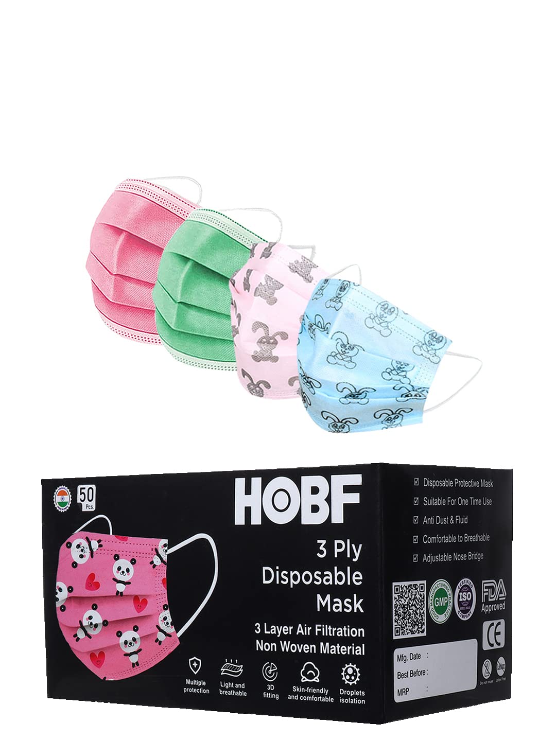 hobf Kids 3-Ply Disposable Surgical Face Mask, With Adjustable Nose Pin, Multicolors, Pack of 1 (100 Count,(Each color of masks 25 Pieces)) Kids Face Mask HOBF-3PLY-K-PK,GR,Pr.BL,Pr.PK (B0BG2WKXLY) Amazon Price History, Amazon Price Tracker